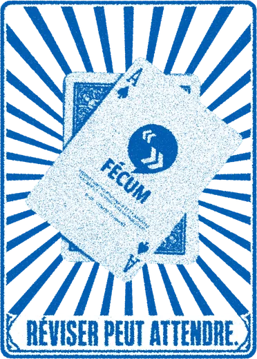 Face avant de la boîte de cartes : « Réviser peut attendre », rayons bleus.