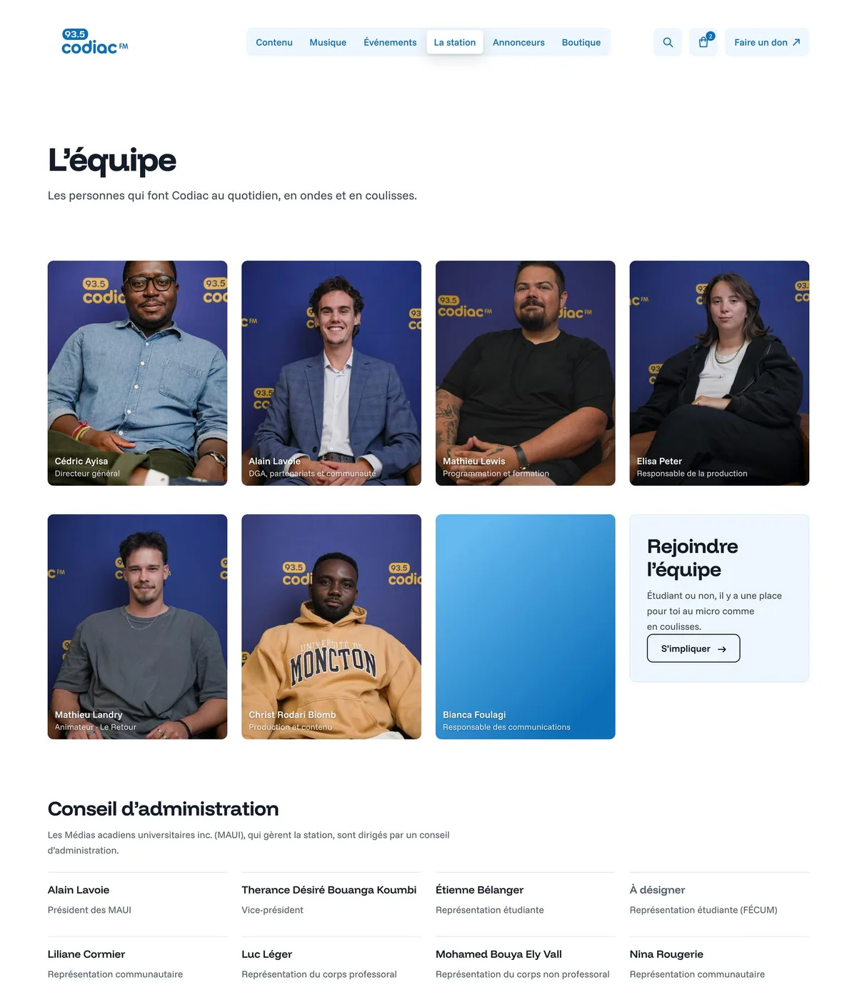 La page L’équipe.