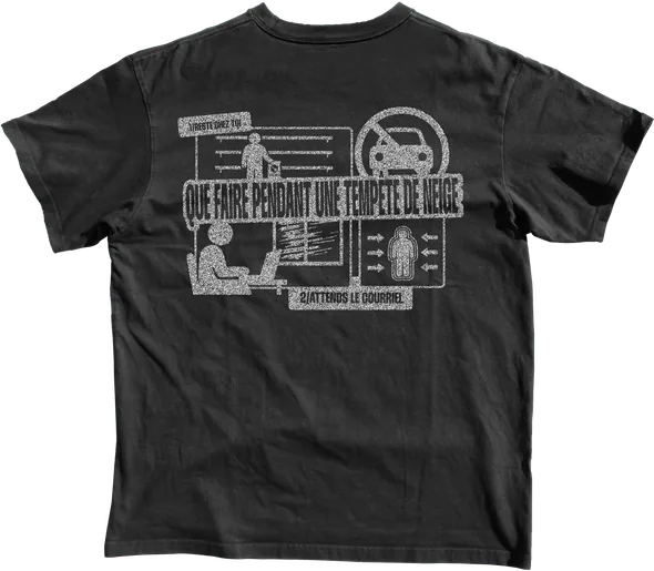 T-shirt noir, dos : la fiche de survie de la tempête de neige.