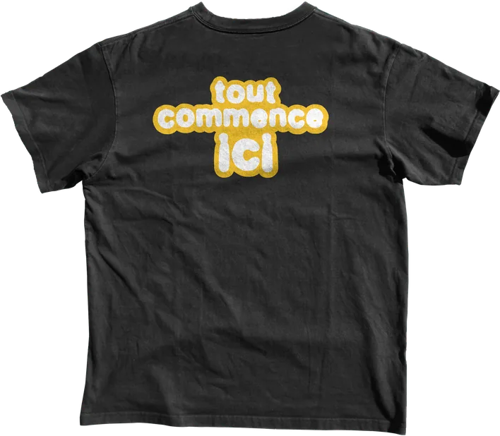 Tee noir Podcast NB, dos « tout commence ici ».
